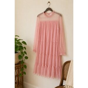 s.Oliver Pink Tiered Tulle Dress Sheer Sleeves Polka Dot Modest Wedding Guest